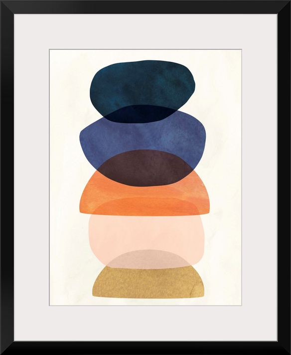 Mid-century modern style abstract painting with multi-colored overlapping shapes.