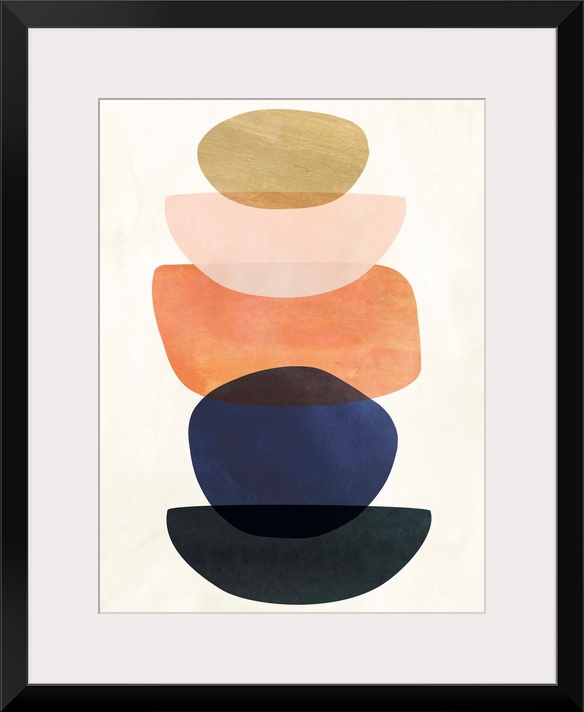 Mid-century modern style abstract painting with multi-colored overlapping shapes.