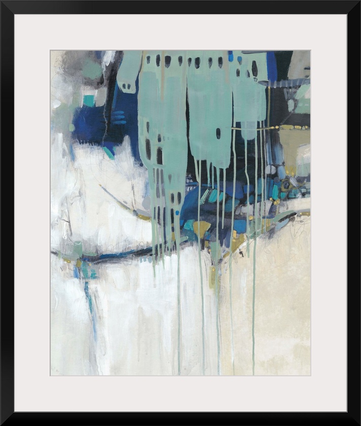 Contemporary abstract painting in teal, navy, and neutral hues.