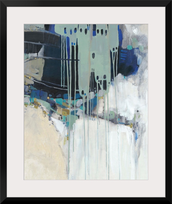 Contemporary abstract painting in teal, navy, and neutral hues.