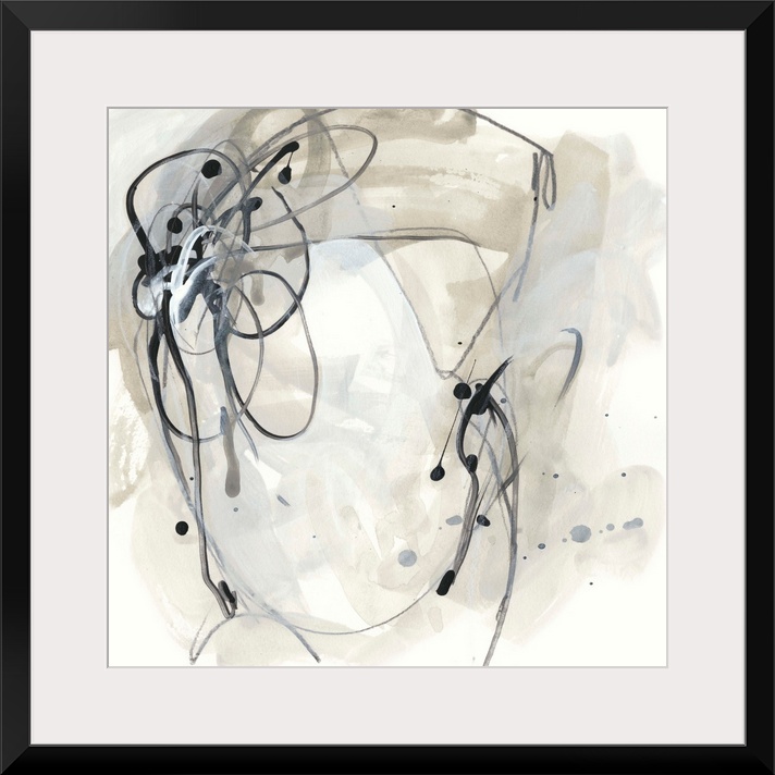 Square abstract painting in black, gray and beige in circular shapes with drips of the overlapping paint on a white backgr...
