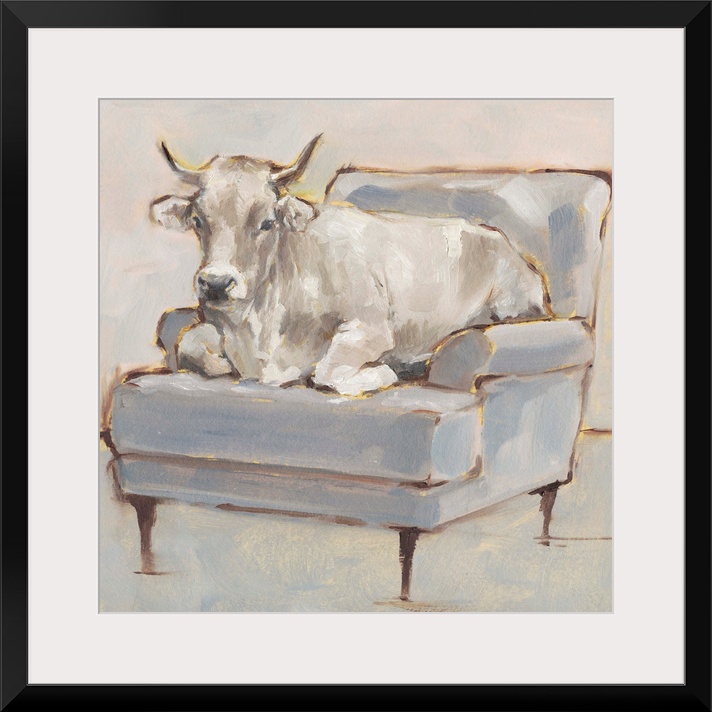 A whimsical composition of a large white cow lying comfortably on a luxe light blue chair. With it's gold accents, this im...