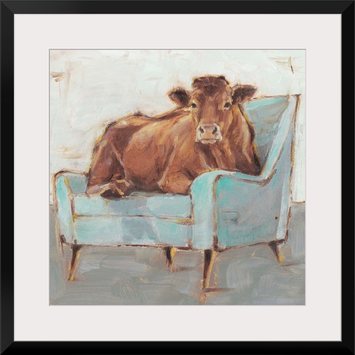 A whimsical composition of a large brown cow lying comfortably on a pale blue armchair. With it's gold accents, this image...