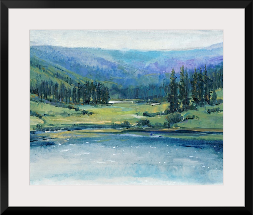 Large landscape painting with cool tones of a hilly wilderness landscape with a lake in the foreground.