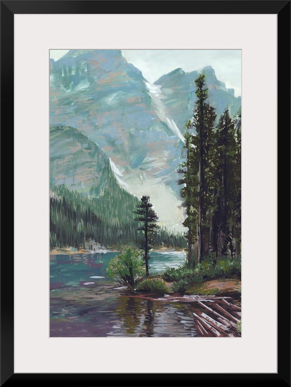 Vertical painting of a lush green mountain and wilderness landscape with a river in the foreground.