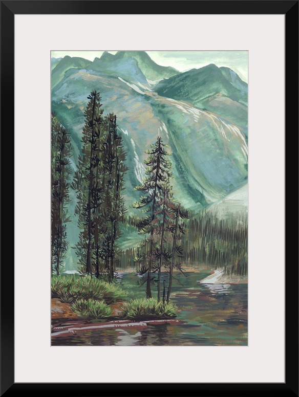 Vertical painting of a lush green mountain and wilderness landscape with a river in the foreground.