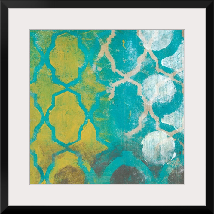 Contemporary abstract painting of two overlapping decorative filigree frameworks.