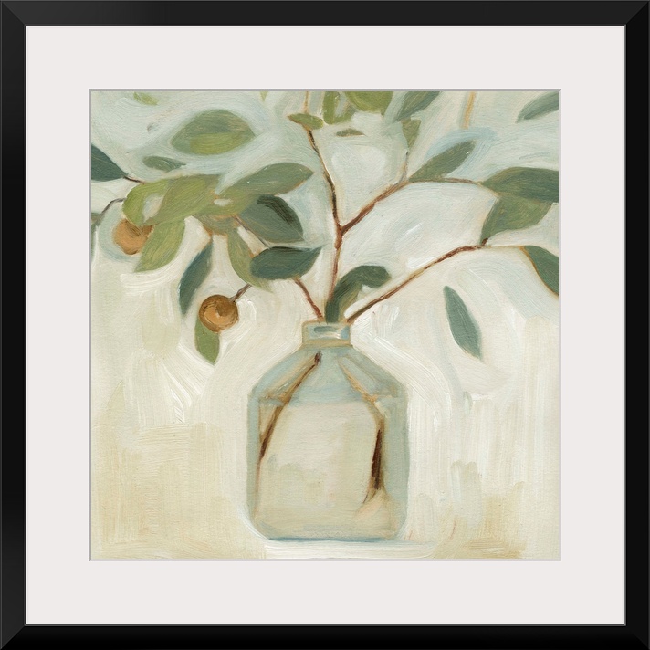 A simple still life of leafy branches in a clear glass jar, painted in a chunky abstracted style in neutral tones.