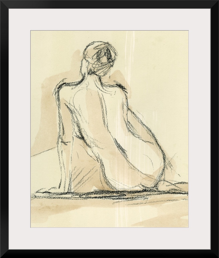 Portrait, figurative art on a large wall hanging, of a roughly sketched nude, female form, leaning on one hand while sitti...