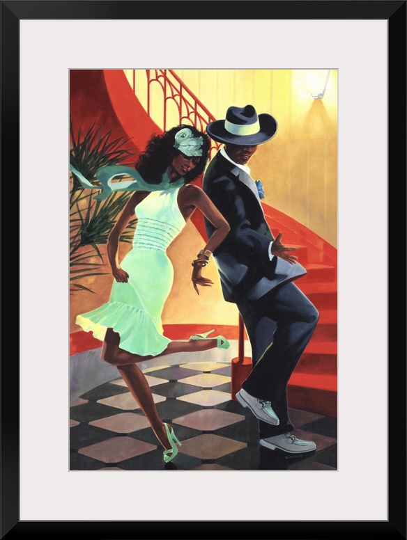 An African American couple in 20's style fashion dancing in an upscale club.