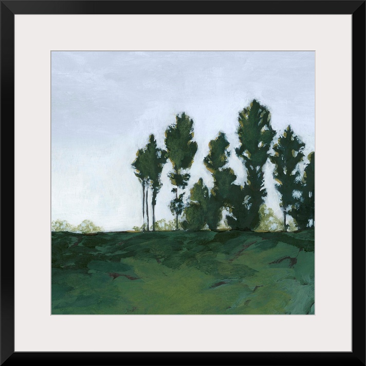 Contemporary painting of a vibrant green landscape.