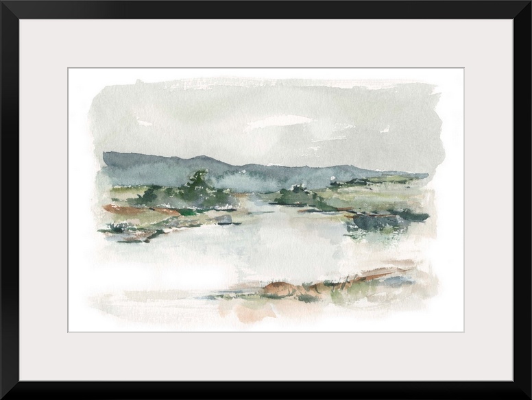 Watercolor abstract landscape in muted earth tones and blues.