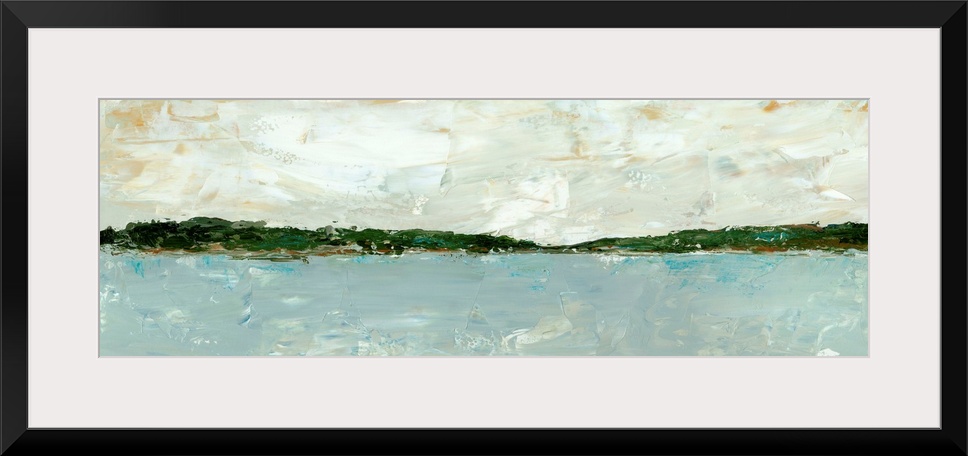 A long, panoramic abstract of a lake or ocean scene, with stormy blue waters under a cloudy sky. Painted in a chunky, abst...