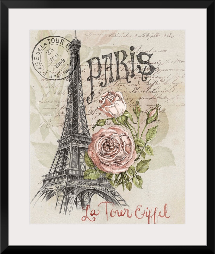 A sketch of the Eiffel tower is adorned with an illustrated rose and French text throughout.