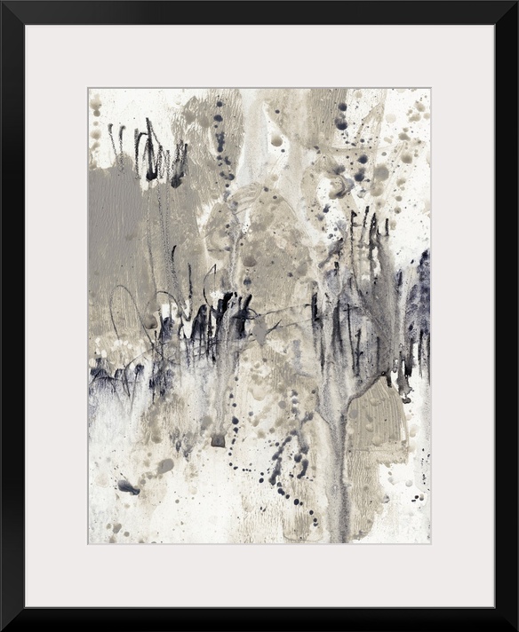 This abstract artwork is constructed from thick brush strokes, smeared paint and paint splatter with drips in shades of gray.