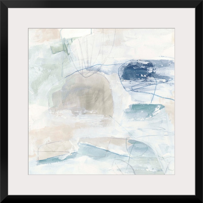 White, pale blue, and neutral browns come together to construct this abstract painting reminiscent of a calm day on the be...