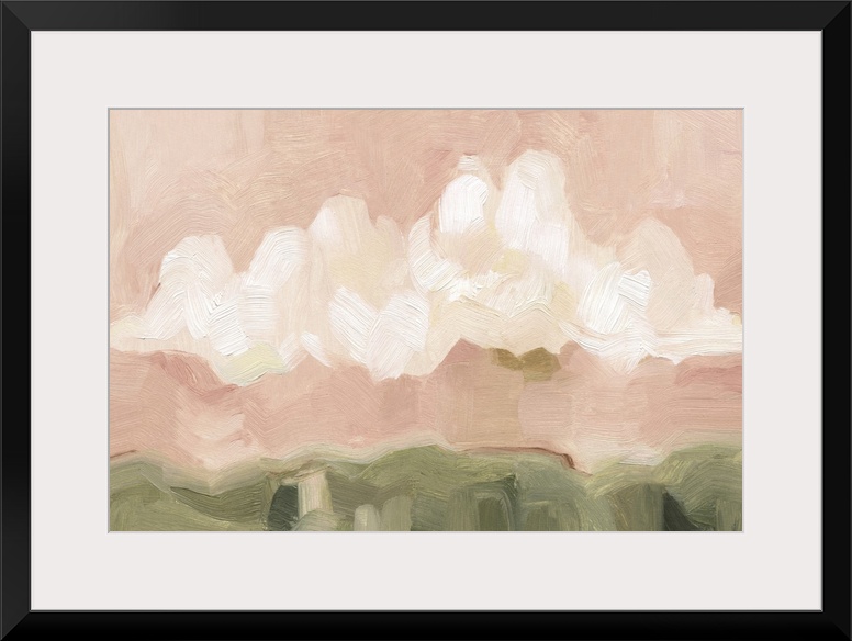 Contemporary painting of bold, textured brush strokes of large white clouds in a pink sky over a field.