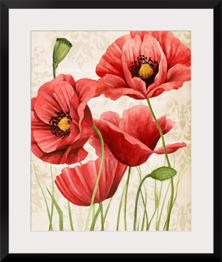 Contemporary illustration of vibrant red poppies in bloom on a beige damask background.