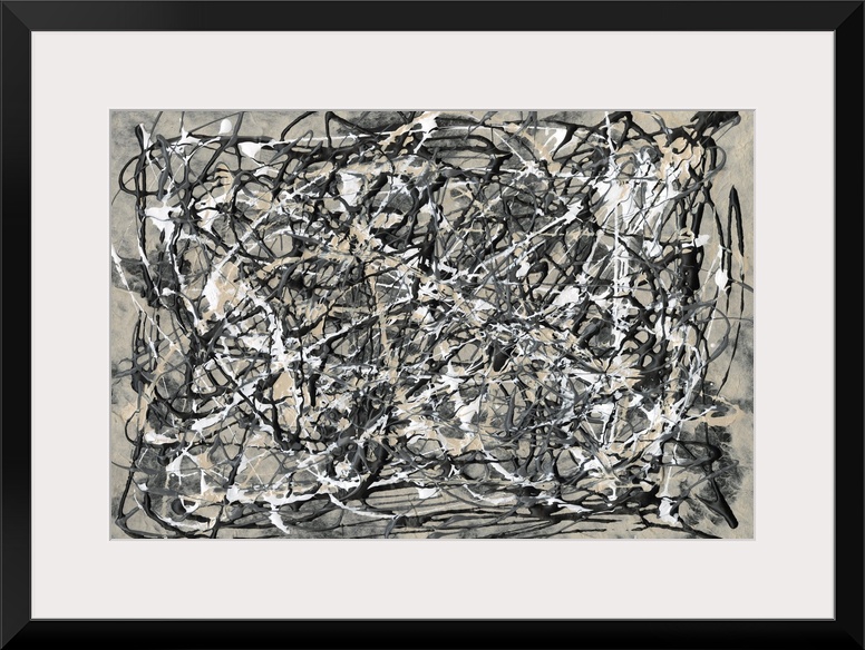 A striking, masculine contemporary abstract painting featuring bold swirls of black and white paint on a beige background,...