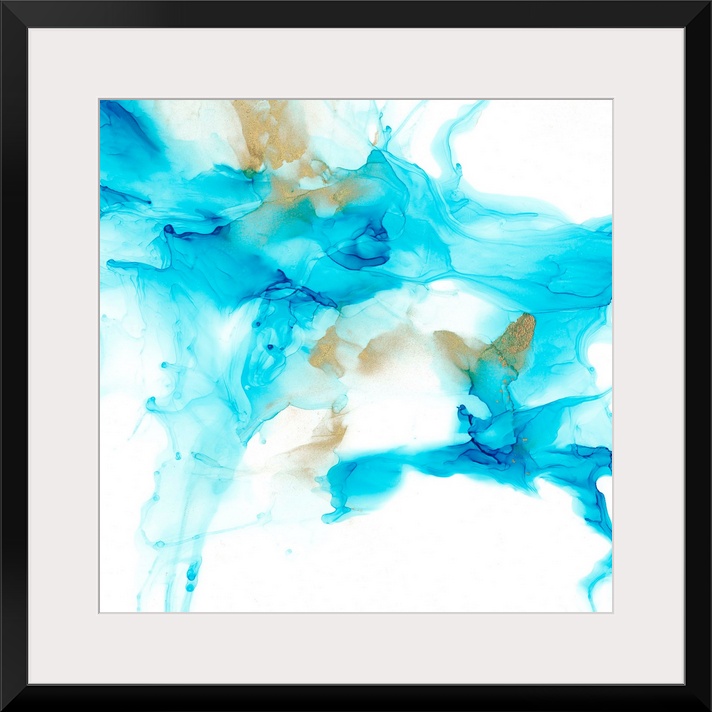 An organic, flowing abstract in shades of blue with gold accents. The image has a light, ethereal quality reminiscent of i...