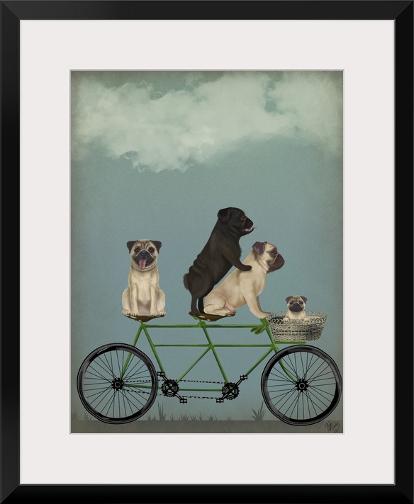 Decorative artwork of four Pugs riding on a green tandem bicycle with one puppy riding in the basket attached to the front.