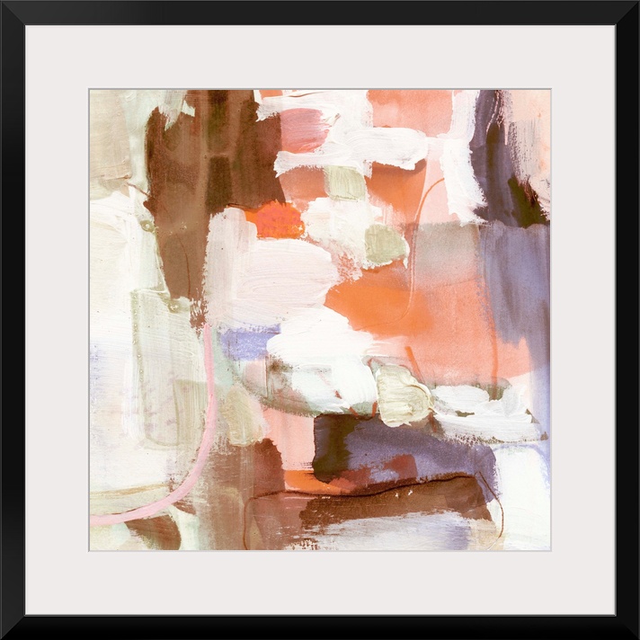 Square abstract painting in shades of brown, orange, pink, purple and cream.