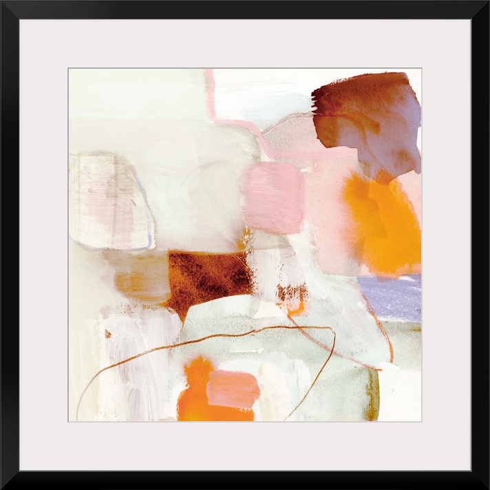 Square abstract painting in shades of brown, orange, pink, purple and cream.