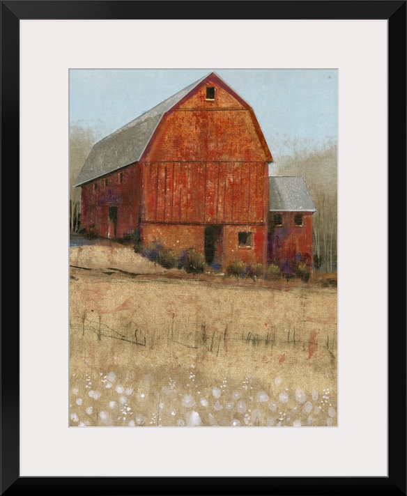 Countryside artwork of rustic red barn on a straw colored field.