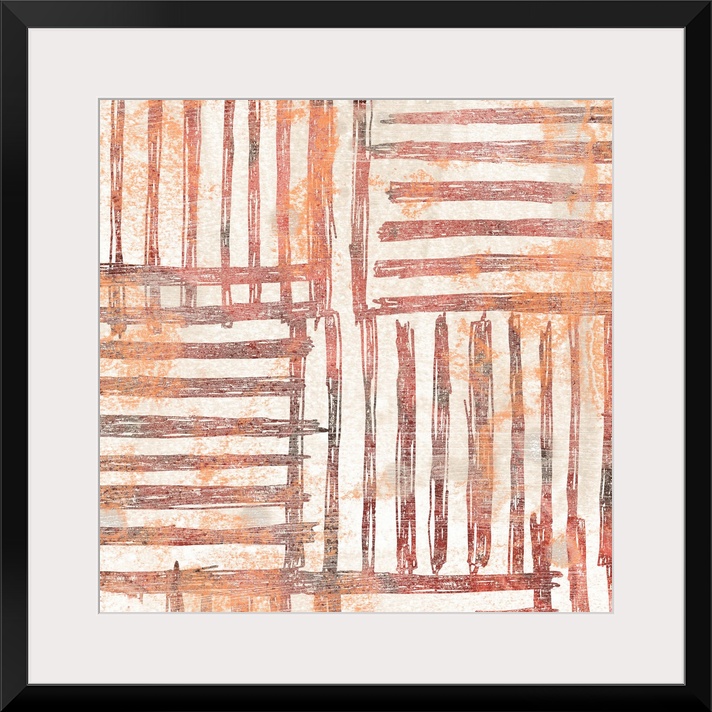 Contemporary patterned painting in earth tones and orange-red hues.