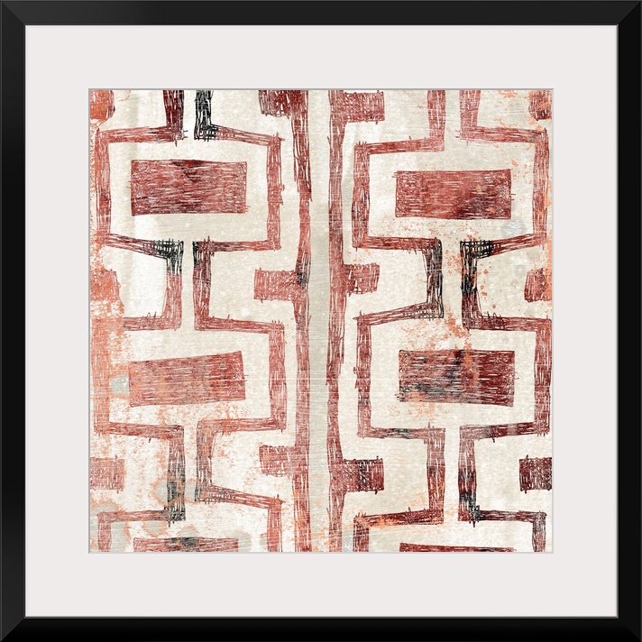 Contemporary patterned painting in earth tones and orange-red hues.