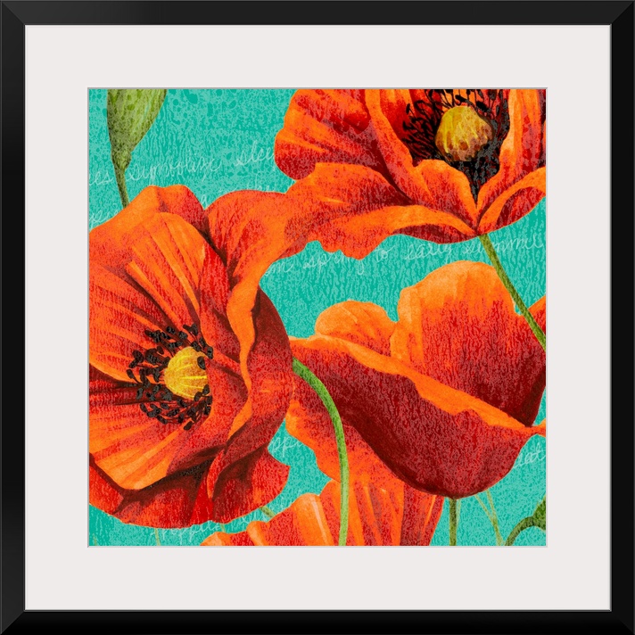 Red Poppies on Teal I