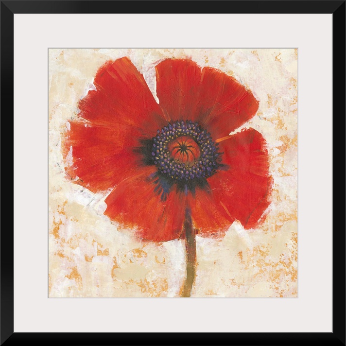 Creative painting of a bright red poppy on a mottled gold and beige backdrop.