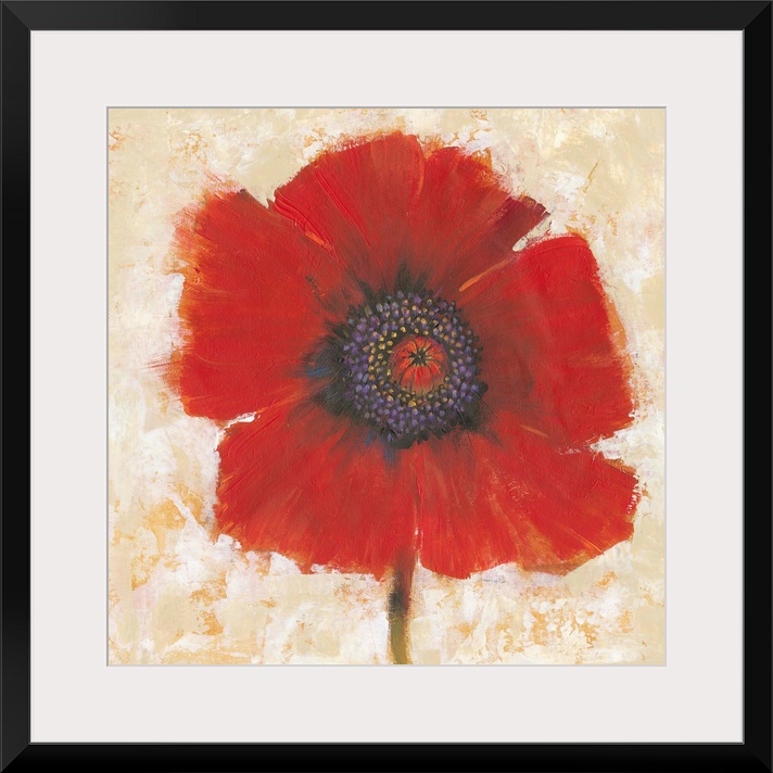 Creative painting of a bright red poppy on a mottled gold and beige backdrop.