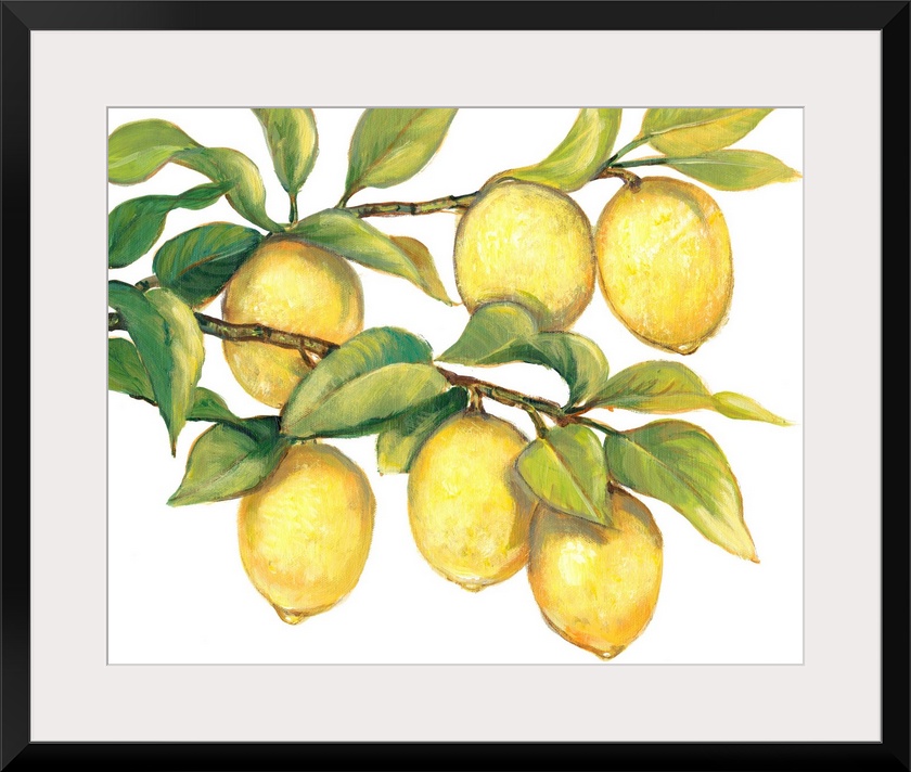 Contemporary painting of ripe lemons hanging from a tree branch.