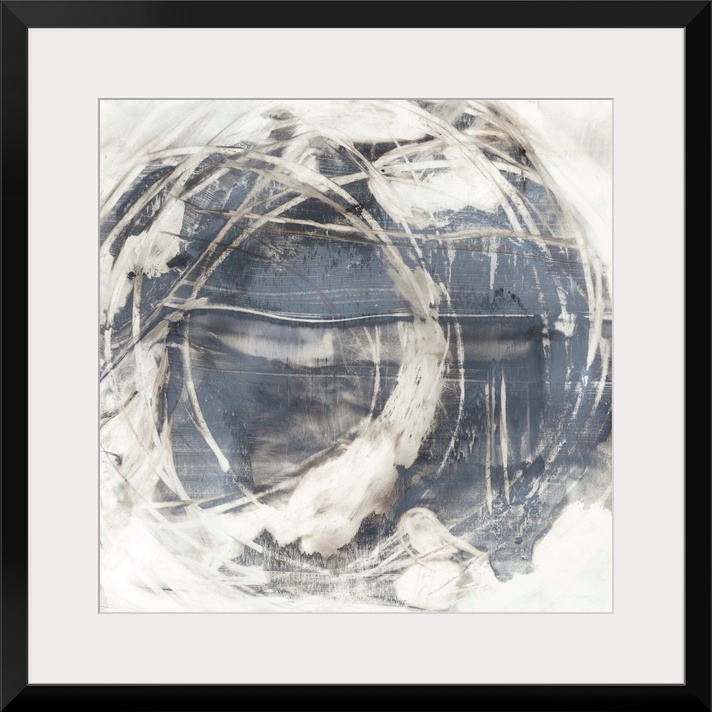 An organic, rounded abstract painting that resembles the earth surrounded by swirling clouds.