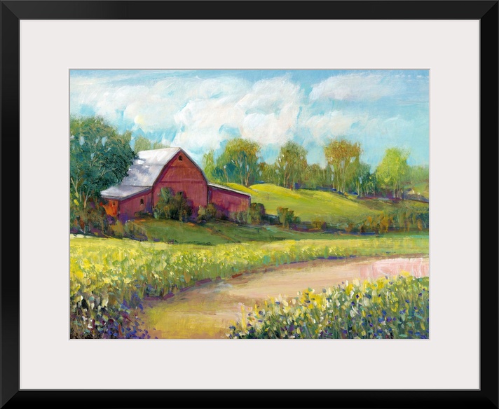 Colorful rural landscape featuring a red barn surrounded by lush, green vegetation.
