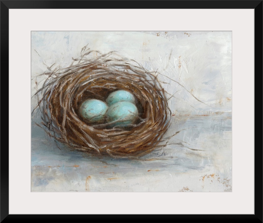 Blue eggs resting in a nest against a distressed light background fills this rustic artwork.