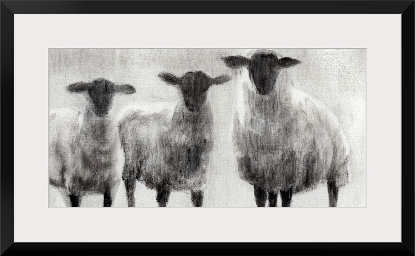 Monochrome painting of three woolly sheep in a field.