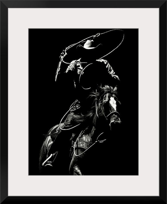 Black and white lifelike illustration of a cowboy riding a horse with a lasso.