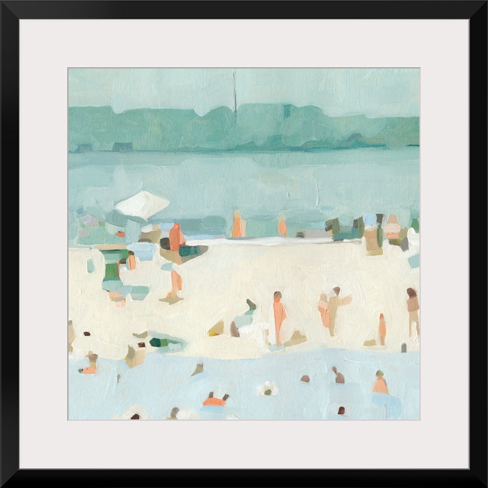 A contemporary impressionist beach scene where simple blocks of color perfectly represent the figures of people in and out...