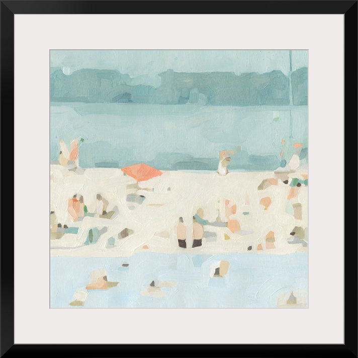 A chunky, abstracted painting of beach goers on a sandbar, painted in a pleasing palette of blueish-green hues.
