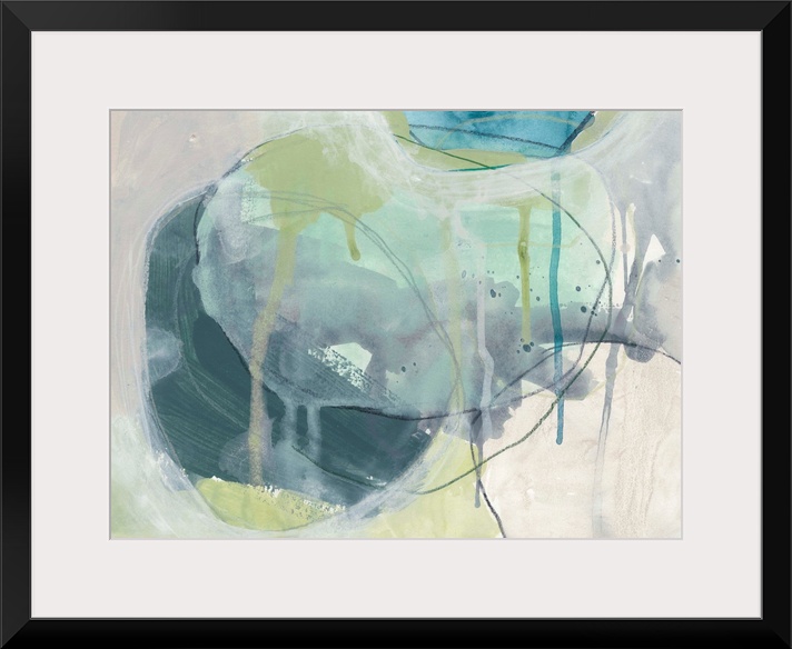 Contemporary abstract painting of ovular, stone-like shapes in blue and green hues reminiscent of the sea.