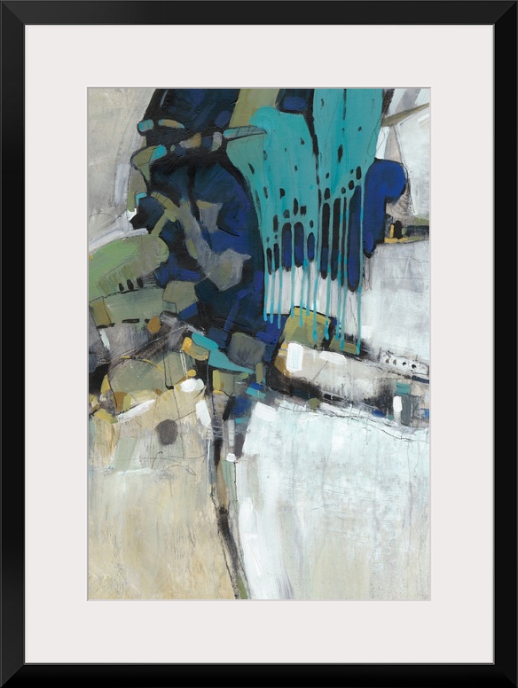 This abstract artwork features blocks of bright color, paint drips and organic lines.