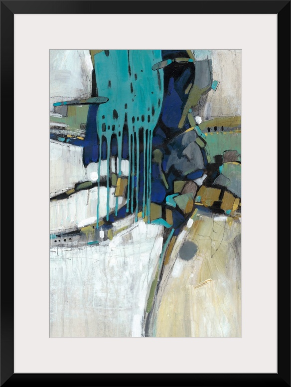 This abstract artwork features blocks of bright color, paint drips and organic lines.