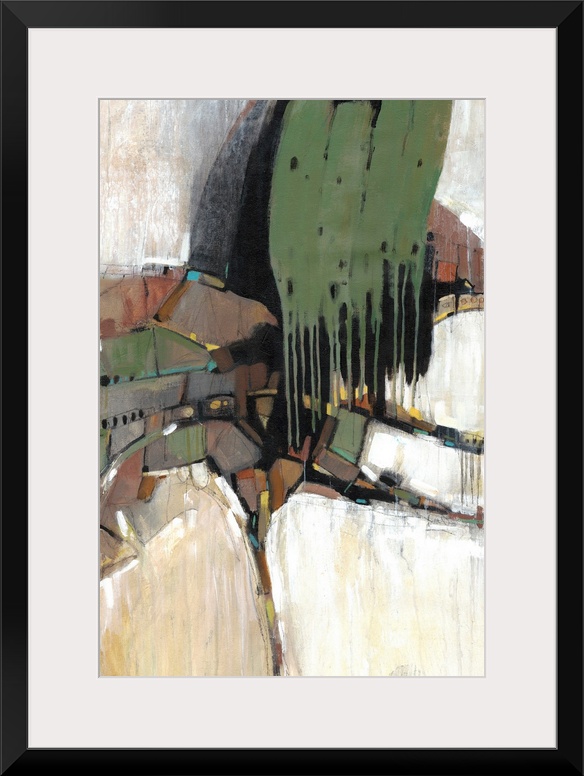 This abstract artwork features blocks of bright color, paint drips and organic lines.