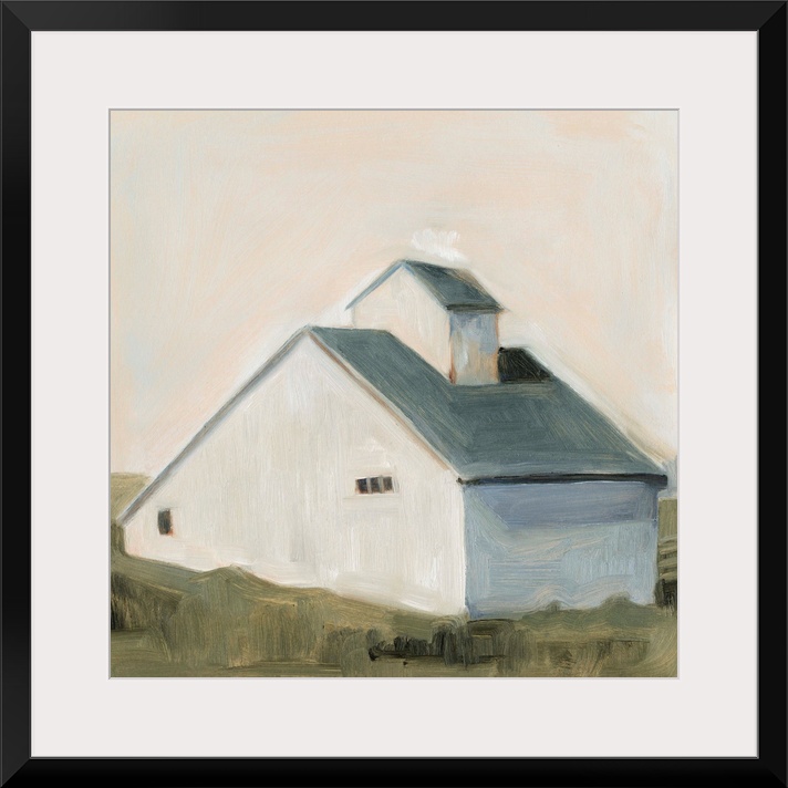 This simple and homely image of a white saltbox barn with slate blue roof is painted in a simple, impressionist style. It ...