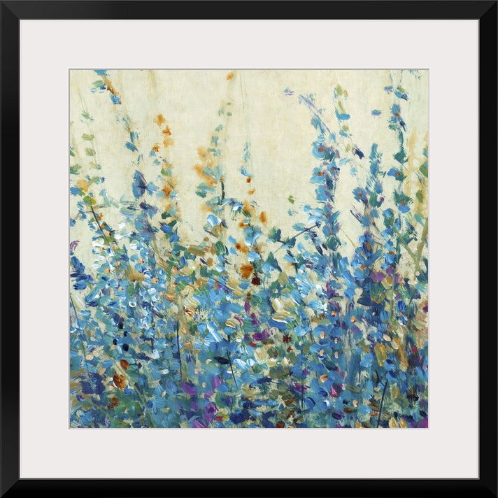 Blue toned contemporary painting of flowers.