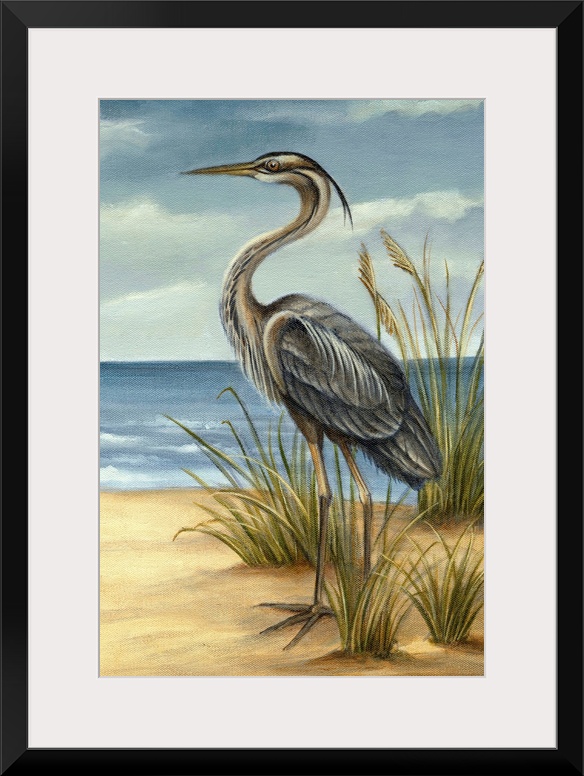 Image of a tall heron standing among clumps of sea grass. This traditional painting is reminiscent of the work of John Jam...