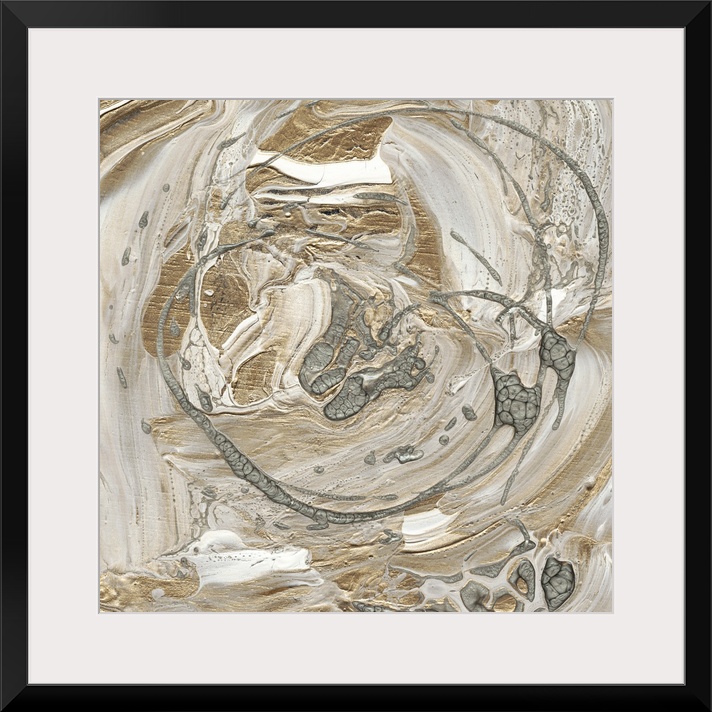 Abstract painting of swirls of white, gray and gold with drips of overlapping silver.