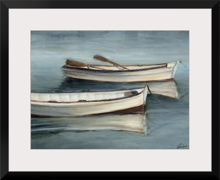 This serene scene of two rowboats with moored in still water is painted in a transitional style. The cool neutral colors w...